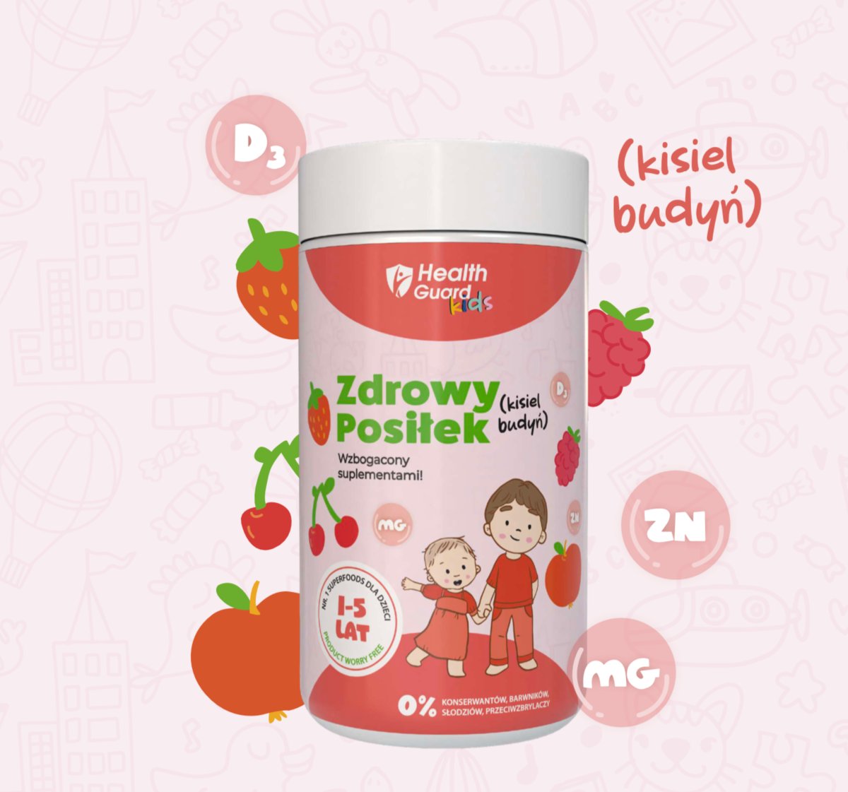 HealthGuard Kids: Zdrowy Posiłek - wzbogacony suplementami! - TRUSKAWKA, 500g, kisiel/budyń, (skład: KUZU, SUPERFOODS, WITAMINA D3, MAGNEZ, CYNK)