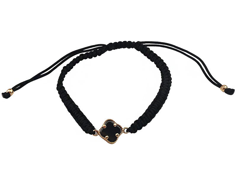 Złota bransoletka sznurkowa 585 czarny szeroki sznureczek z czarną koniczyną