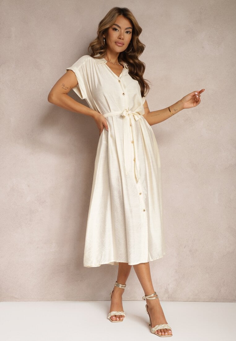 Beżowa Rozkloszowana Sukienka o Koszulowym Kroju Ozdobiona Paskiem w Talii i Guzikami Rosofia