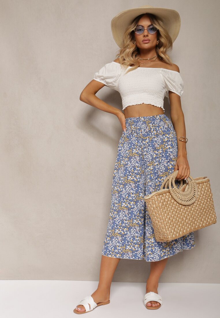Niebieskie Szerokie Spodnie Culotte High Waist z Gumką w Talii Vikiisona
