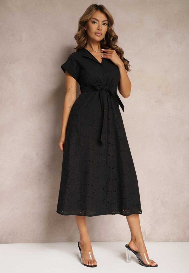 Czarna Rozkloszowana Koszulowa Sukienka z Bawełny z Ażurowym Zdobieniem i Paskiem Ilosofia