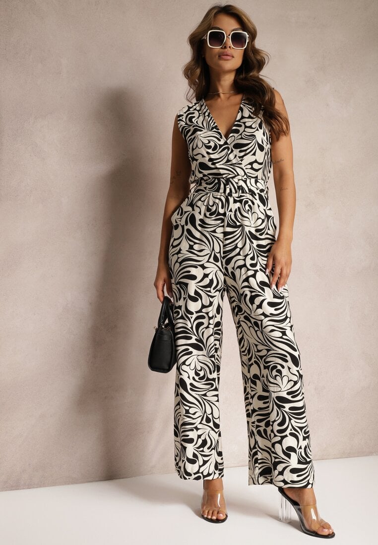 Czarny Kopertowy Kombinezon bez Rękawów z Długimi Nogawkami Yadia