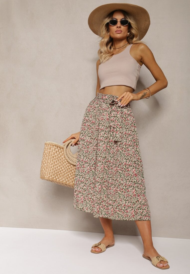 Zielone Plisowane Spodnie Szwedy High Waist z Materiałowym Paskiem i Gumką w Talii Isefia