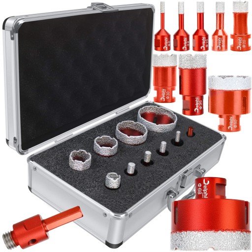 Zestaw otwornic do gresu w metalowej walizce Delphi 9 koronek + adapter do wiertarki M14