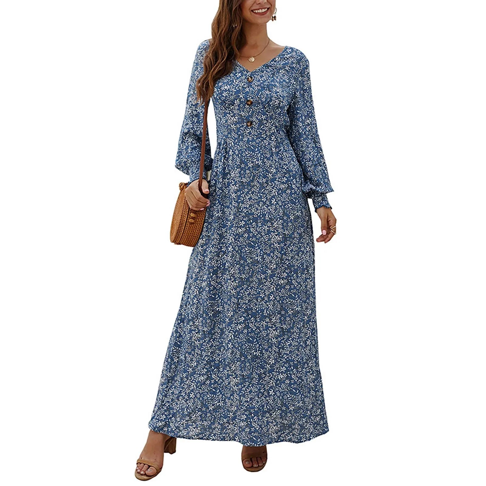 Sukienka maxi w kwiatowy wzór - Niebieski S