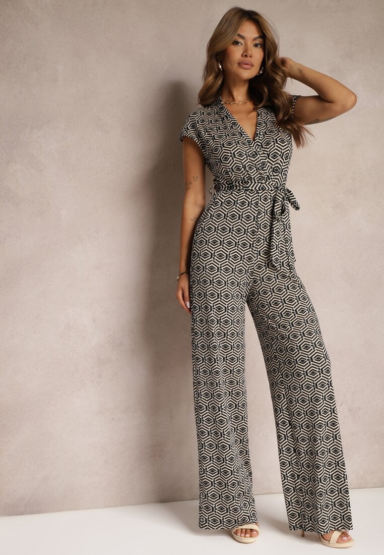 Czarny Kombinezon z Dodatkiem Wiskozy z Wiązaniem w Talii w Geometryczny Wzór Trosofia