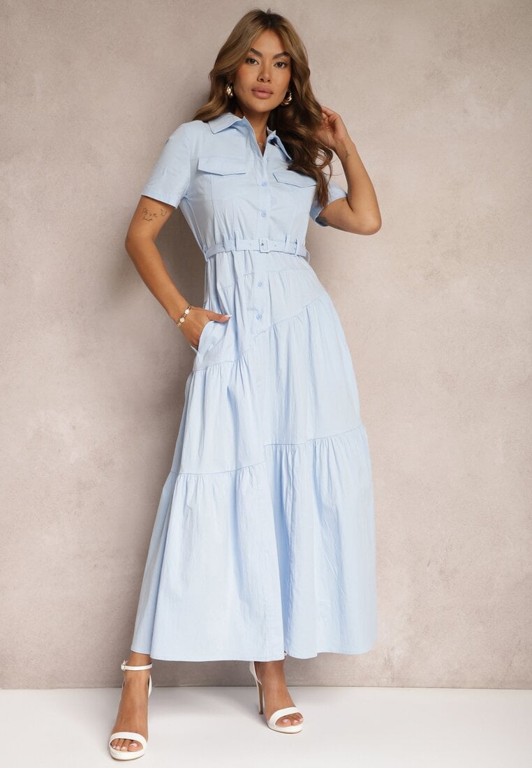 Niebieska Bawełniana Sukienka o Rozkloszowana Zwężana w Talii Nenefia