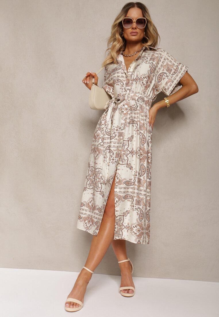 Jasnobeżowa Wiskozowa Sukienka Koszulowa z Materiałowym Paskiem i Gumką w Talii Cilefia