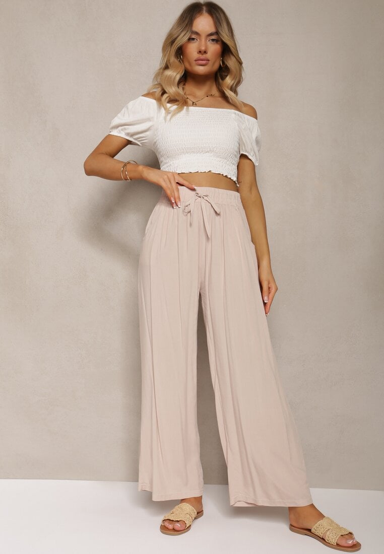 Jasnobeżowe Bawełniane Spodnie Palazzo High Waist z Gumką w Pasie Gitanea