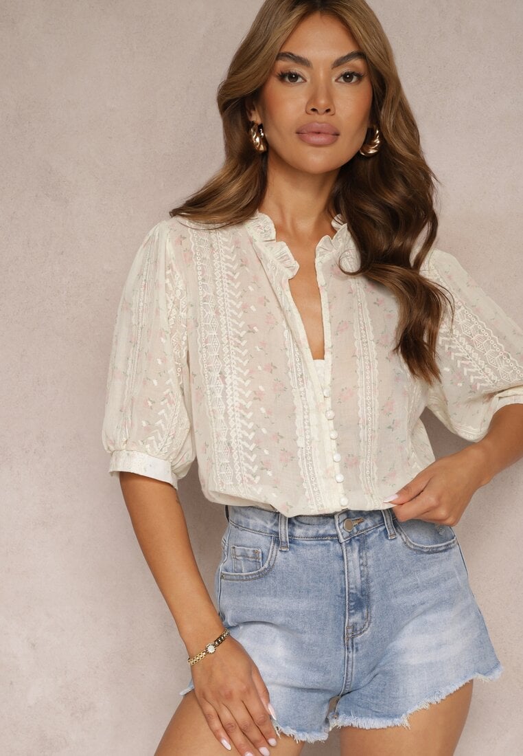 Różowa Koszula z Bawełną i Stójką Wykończona Guzikami Vosofia