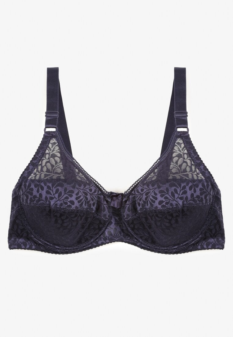 Granatowy Biustonosz z Regulowanymi Ramiączkami o Koronkowym Wykończeniu Kefefia