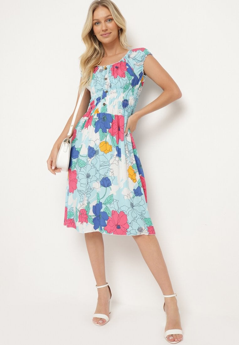 Jasnoniebieska Bawełniana Sukienka o Rozkloszowanym Kroju z Gumką w Talii w Kwiatowy Wzór Rishta