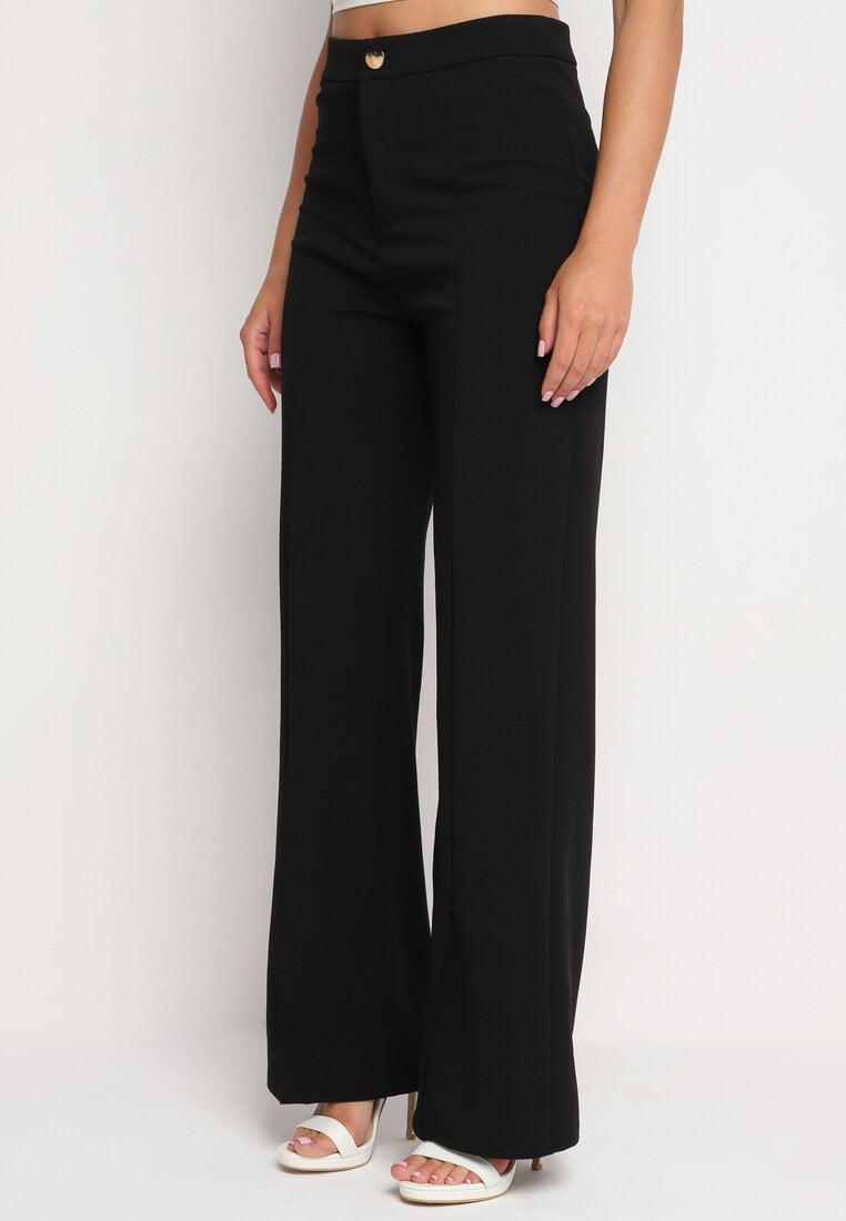 Czarne Szerokie Spodnie z Wysokim Stanem i Wiskozą Ozdobione na Dole Rozcięciami Xolea