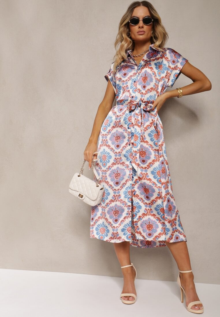 Niebieska Rozkloszowana Sukienka Boho z Wiskozą o Koszulowym Kroju Ozdobiona Paskiem Josofia