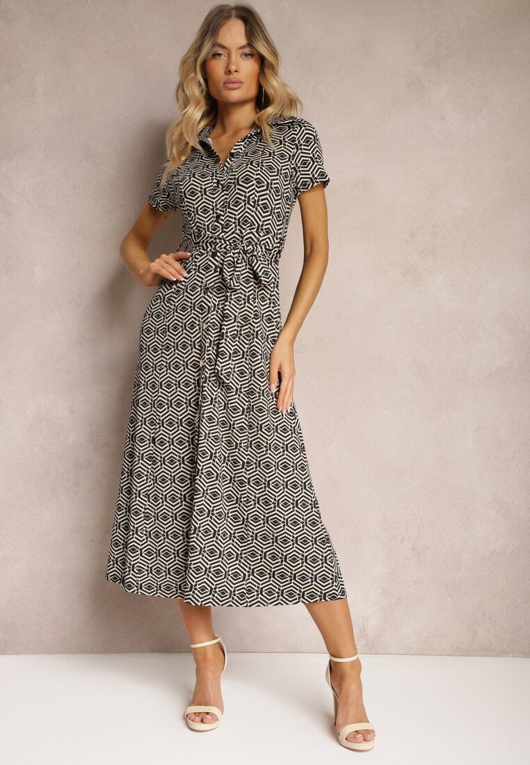 Czarna Koszulowa Sukienka w Geometryczny Wzór Zapinana na Guziki Xarrah
