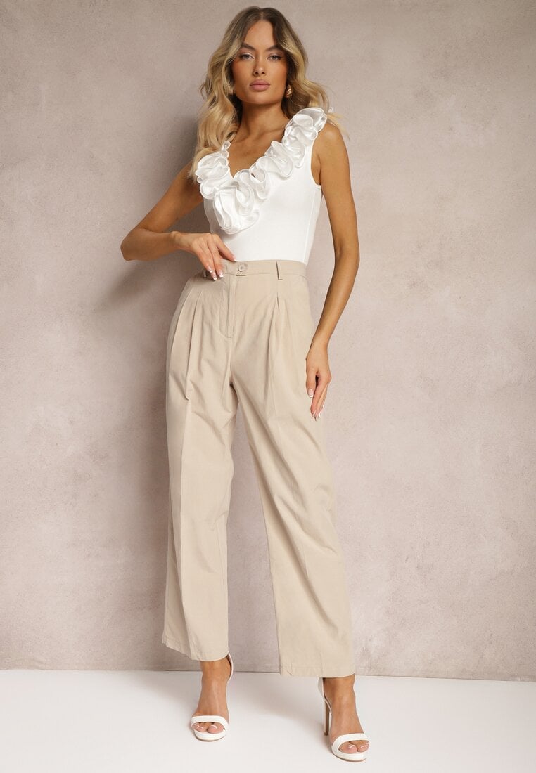 Beżowe Bawełniane Spodnie Garniturowe z Szerokimi Nogawkami Befia