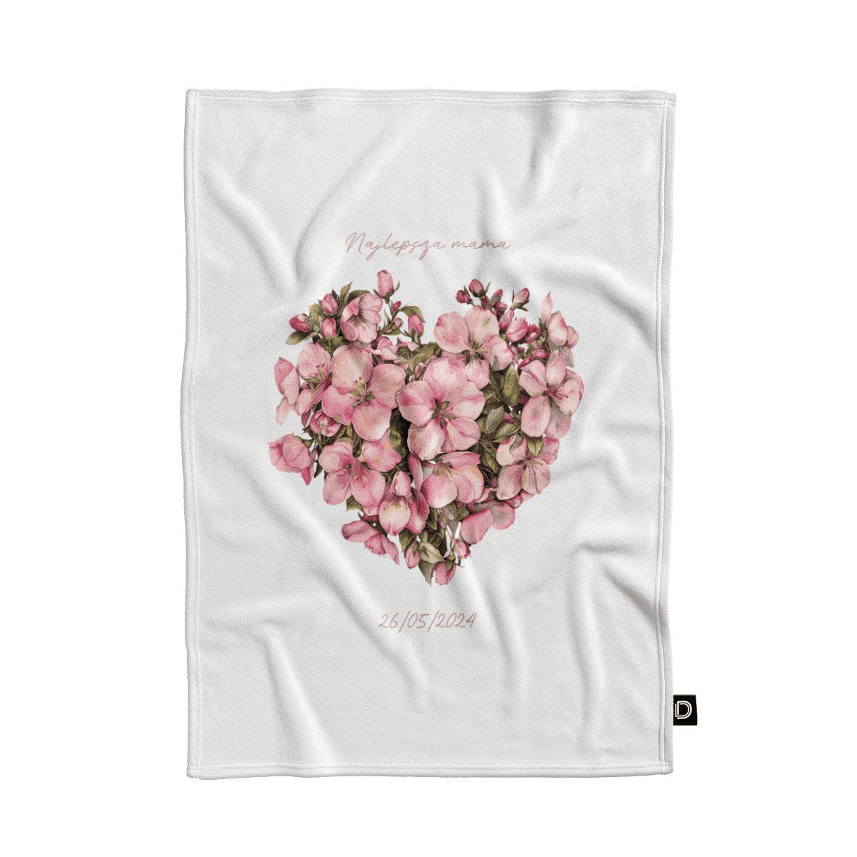 Koc pluszowy dla mamy wzór DM16 | różowe kwieciste serce 80 x 60 cm
