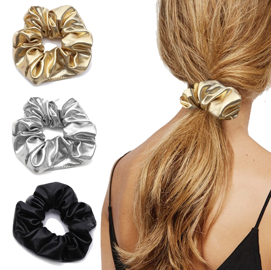 Gumki frotki scrunchie do włosów mocne błyszczące 3szt złota czarna srebrna