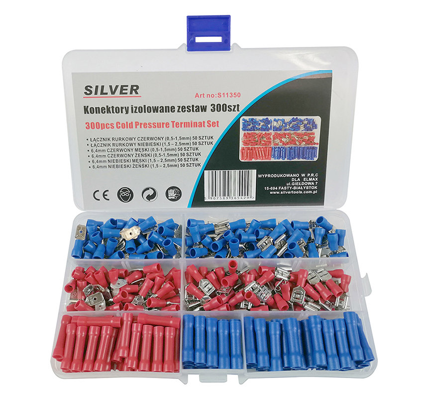KONEKTORY IZOLOWANE KOŃCÓWKI WSUWKI KABLOWE ŁĄCZNIKI ZESTAW 300 ELEMENTÓW + ORGANIZER S11350