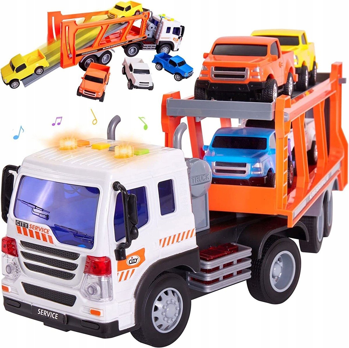 Auto TRANSPORTER CIĘŻARÓWKA Z PRZYCZEPĄ Zestaw Laweta 4 auta ŚWIATŁO DŹWIĘK