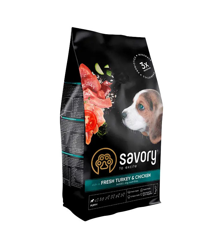 SAVORY ŚWIEŻY INDYK Z KURCZAKIEM DLA SZCZENIĄT WSZYSTKICH RAS 1KG