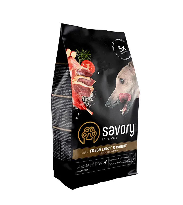 SAVORY KARMA SUCHA Z KACZKĄ I KRÓLIKIEM DLA PSÓW DOROSŁYCH WSZYSTKICH RAS 3 KG
