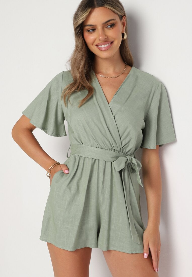 Ciemnozielony Bawełniany Kombinezon z Kopertowym Dekoltem i Materiałowym Paskiem w Talii Viklie