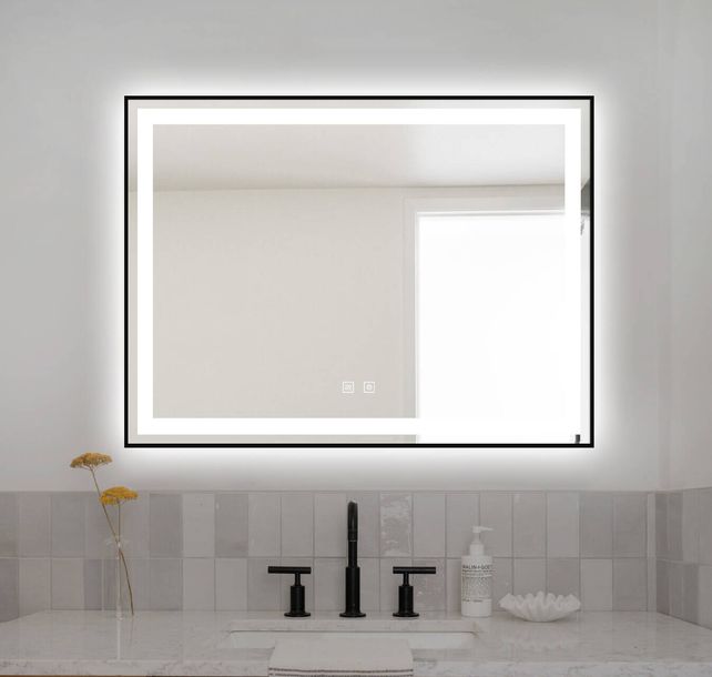 ﻿Lustro łazienkowe LED 80x60 cm prostokątne J11 w czarnej ramie