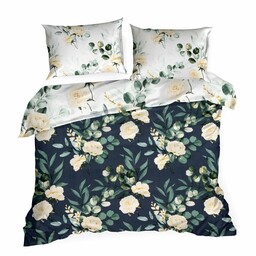 Eurofirany Pościel satynowa 220x200 Nika 46 czarna biała zielona liście