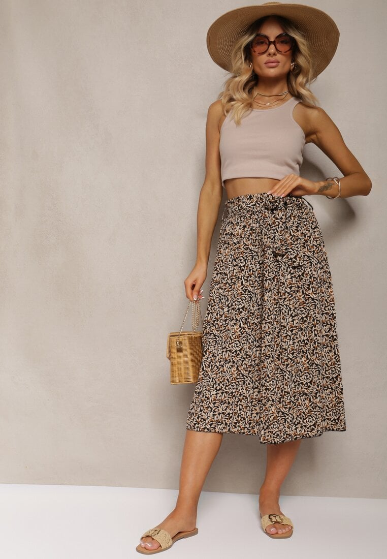 Czarno-Beżowe Plisowane Spodnie Szwedy High Waist z Materiałowym Paskiem i Gumką w Talii Isefia