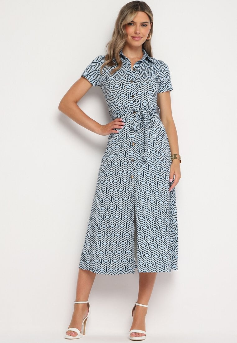 Niebieska Sukienka Taliowana o Koszulowym Kroju Zapinana na Guziki o Geometrycznym Wzorze Parra