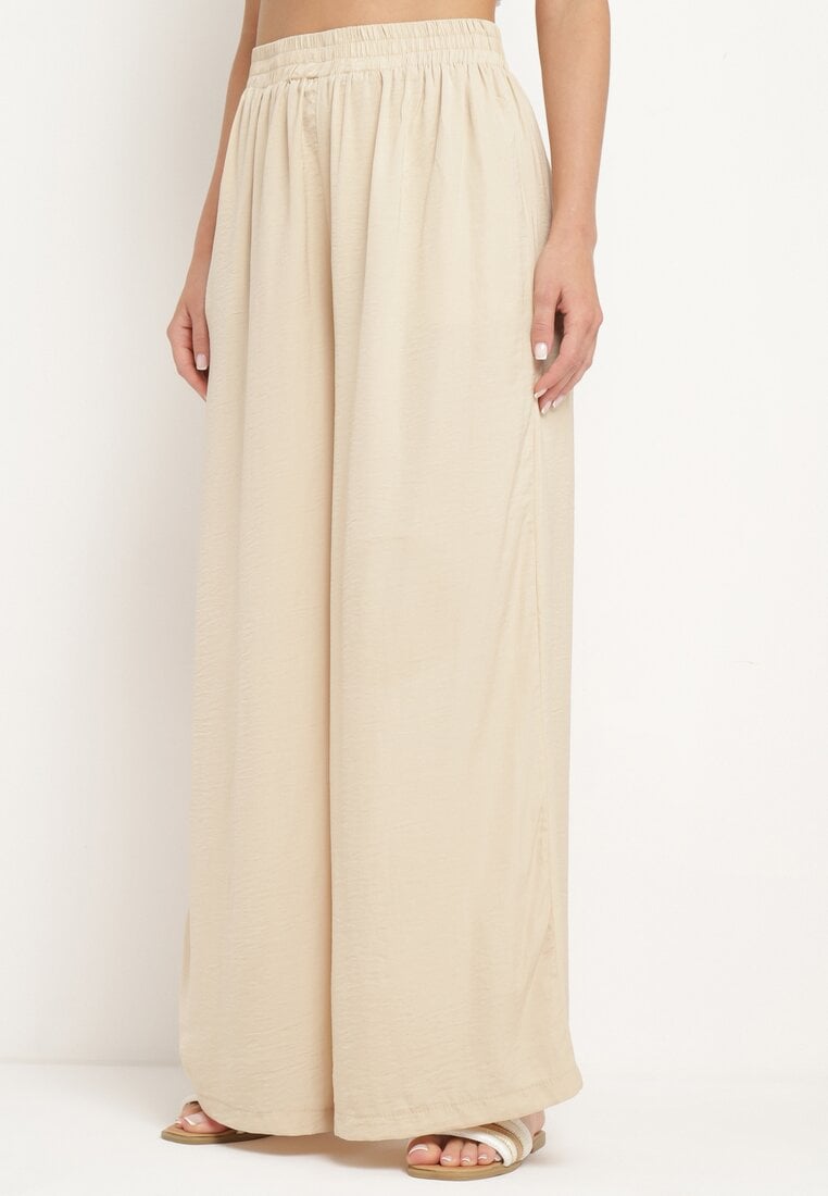 Jasnobeżowe Szerokie Spodnie z Wiskozą i Wysokim Stanem i Gumką w Talii Kelevevia