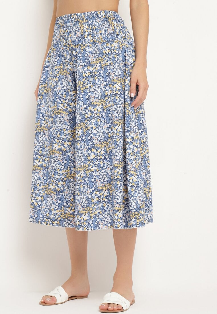 Niebieskie Spodnie z Szerokimi Nogawkami Typu Kuloty z Wysokim Stanem i Gumką w Talii Vikiila