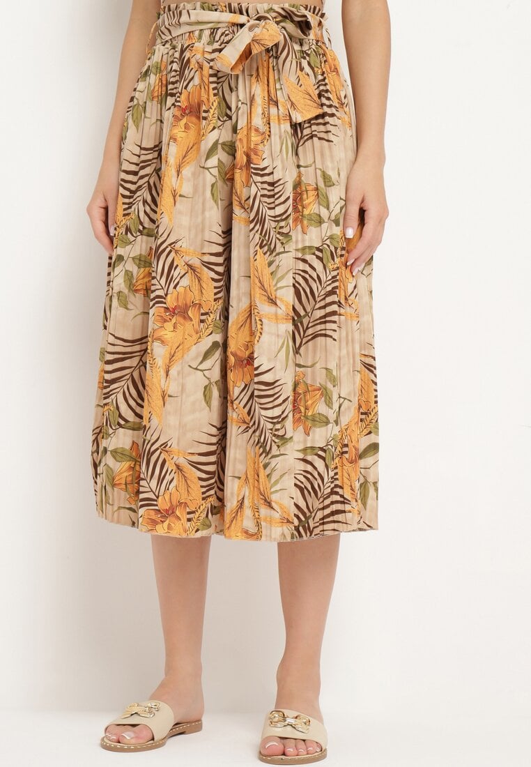 Beżowe Szerokie Spodnie z Wysokim Stanem z Gumką i Materiałowym Paskiem w Talii Asrefia