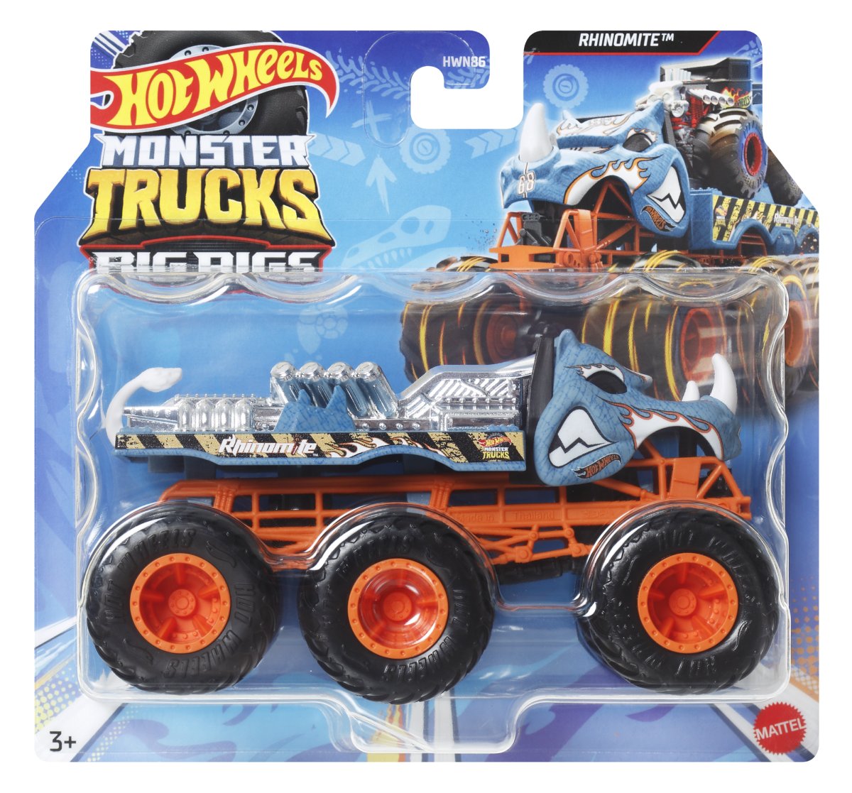 Hot Wheels, Monster Trucks 6-kołowa ciężarówka 1:64 Rhinomite, HWN91