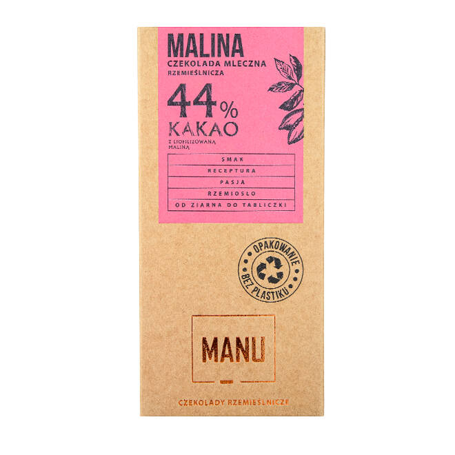 Manufaktura Czekolady MANU czekolada mleczna 44% z maliną 60g