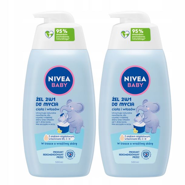 ﻿NIVEA BABY 2w1 Żel do mycia kąpieli i szampon z pompką dla dzieci 2x500 ml