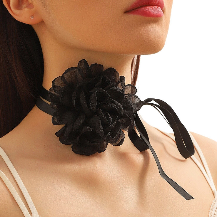 CHOKER Naszyjnik ozdobny na szyję KWIAT róża WSTĄŻKA elegancki czarny