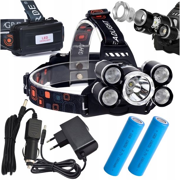 Mocna Latarka Czołowa 5x Led Cree Xm-l T6 Czołówka Regulowana