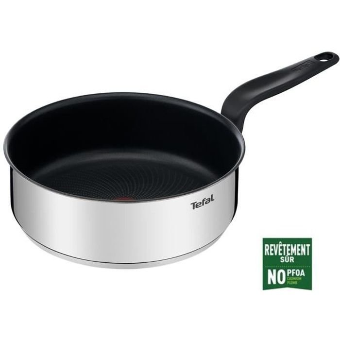 TEFAL E3093204 PODSTAWOWA patelnia ze stali nierdzewnej z powłoką nieprzywierającą 24 cm + pokrywka, kompatybilna z indukcją