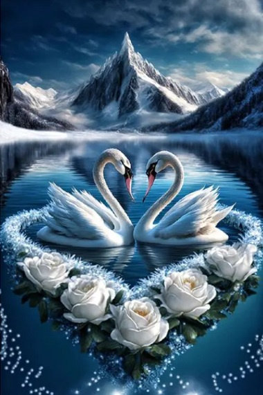 Diamentowa Mozaika Łabędzie Zakochane I Białe Kwiaty 30x40