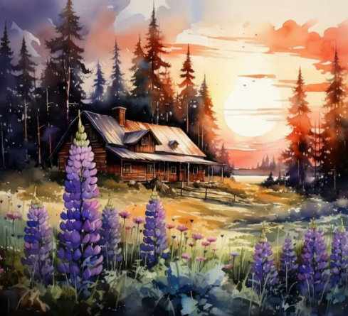 Diamentowa mozaika Dom w górach, zachód słońca 30x40cm 2000153 Norimpex