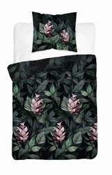 Detexpol Pościel satynowa 140x200 czarna zielona kwiaty 4912 A z jedną poszewką Home Satin 80