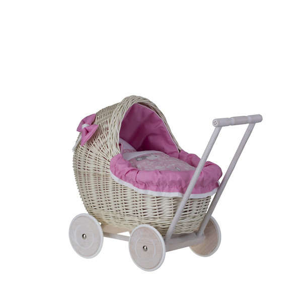 Lili Wybielany Wiklinowy Wózek DLA LALEK Z RÓŻOWYM OBSZYCIEM 48X28 H26/47 CM