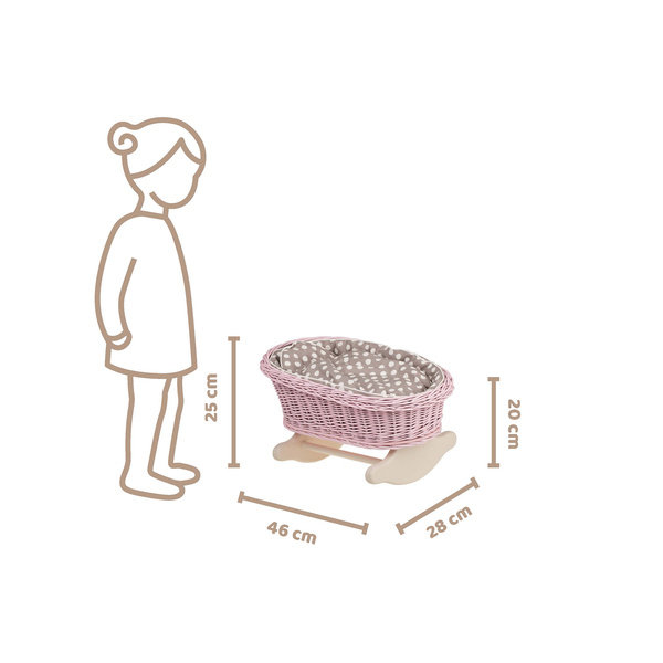 BUJANE różowe ŁÓŻECZKO KOŁYSKA Z WIKLINY DLA LALEK Z POŚCIELĄ 46X28 H 20/25 CM