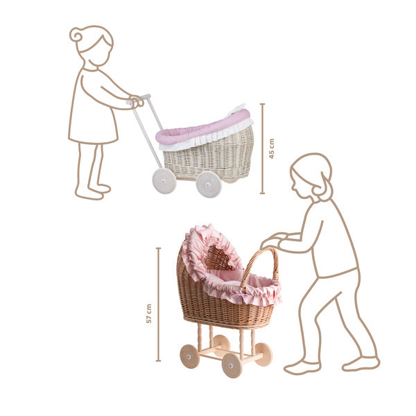 LUNA WÓZEK WIKLINOWY DLA LALEK Z OBSZYCIEM różowym 60X30 H45 CM-uniwersalny