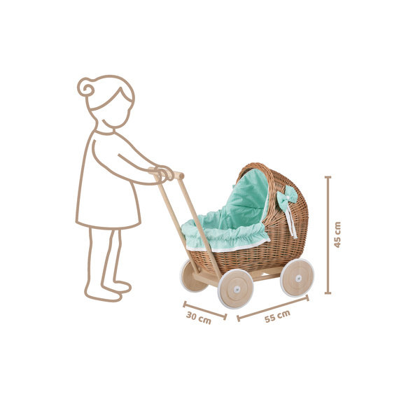 Lili Wózek wiklinowy dla lalek z miętowym obszyciem 55X30 H45 cm-standard