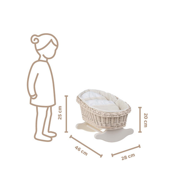 BUJANE Beżowe ŁÓŻECZKO KOŁYSKA Z WIKLINY DLA LALEK Z POŚCIELĄ 46X28 H 20/25 CM