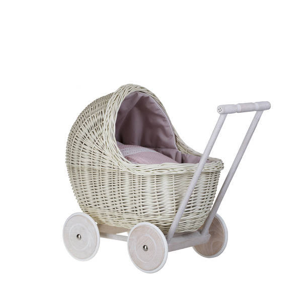LILI WYBIELANY WIKLINOWY WÓZEK DLA LALEK Z OBSZYCIEM W KOLORZE PUDRWOEGO RÓŻU 48X28  H26/47 CM