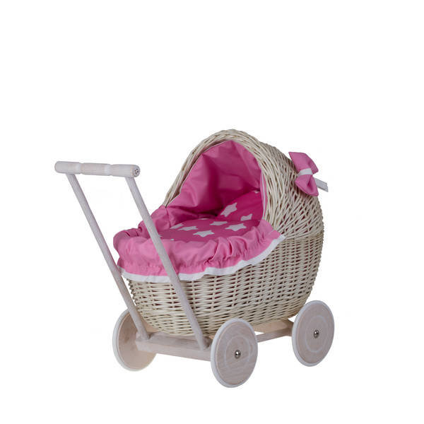 LILI WIKLINOWY WYBIELANY WÓZEK DLA LALEK Z OBSZYCIEM RÓZOWYM  48X28 H26/47 CM